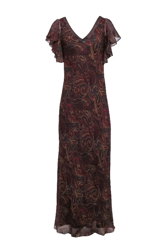 Lauren Ralph Lauren - Maroon, Teal & Tan Paisley Print Sleeveless Maxi Dress Sz 10 Comfortable Bohemian Maxi Dress