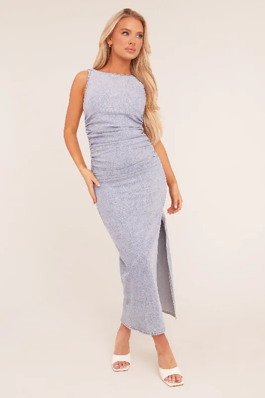 Light Blue Stretch Denim Ruched Side Slit Maxi Dress - Ashleigh Chic Boho Print Maxi Dress