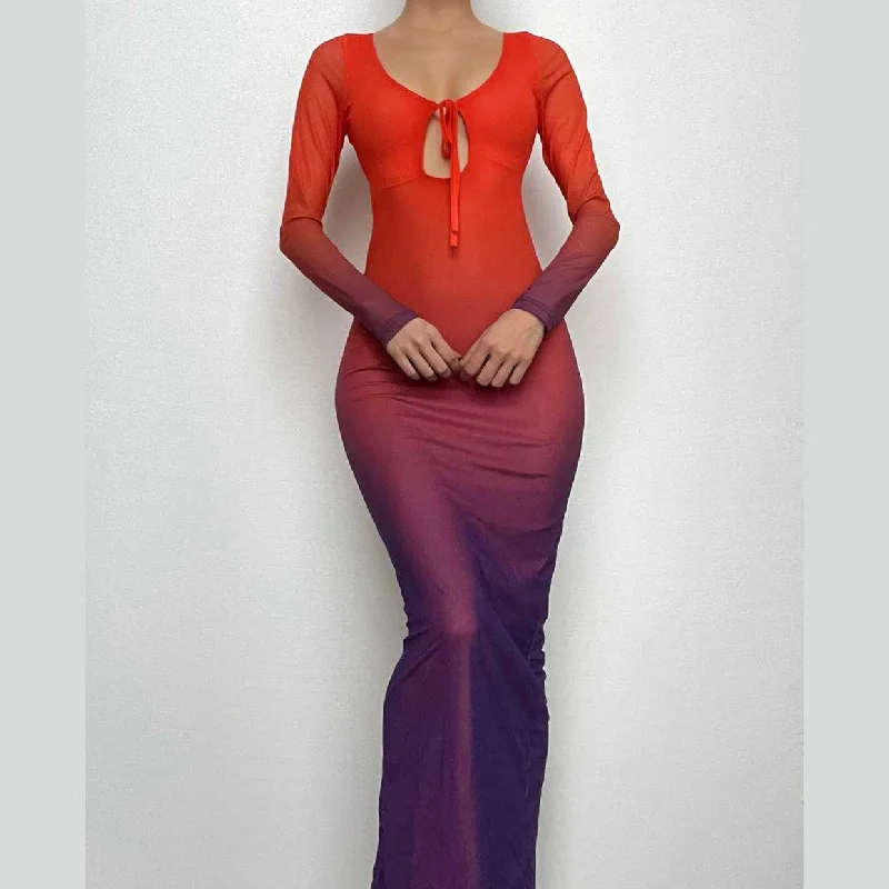 Mesh gradient long sleeve self tie backless slit maxi dress Comfortable Flowy Maxi Dress