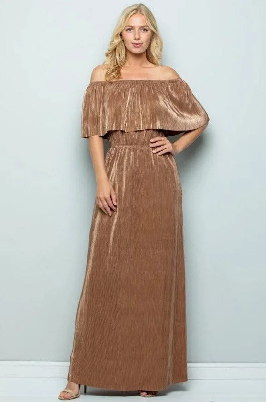 Metallic Ruffle Maxi Dress, Bronze Elegant Maxi Dress with Pockets