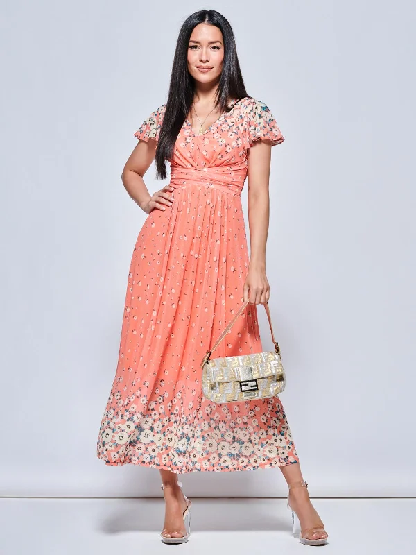 Mirrored Floral Print Mesh Maxi Dress, Orange Multi Elegant Boho Maxi Dress