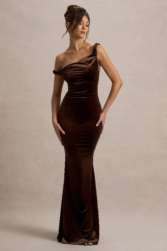 Neeka | Brown Velvet Twisted Asymmetric Maxi Dress Elegant Maxi Dress with Drapes