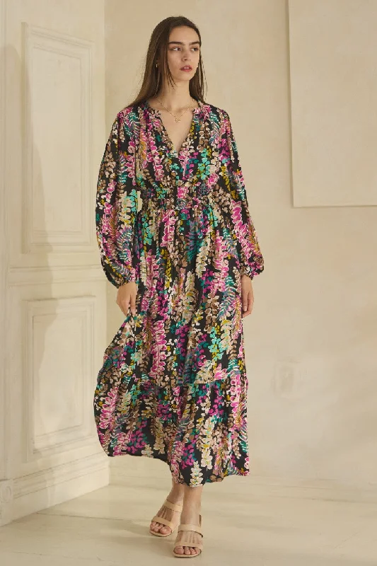 Oddi Colorful Floral Print Long Sleeve Maxi Dress - Curvy Size Cozy Open-Back Maxi Dress