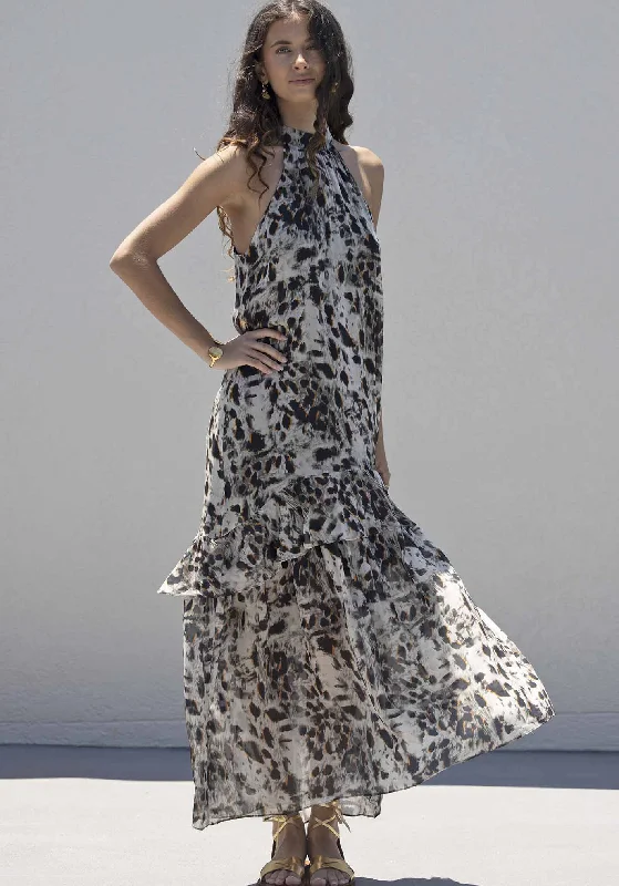 Panthera Animal Print Halter Maxi Dress Elegant Lace-Up Maxi Dress