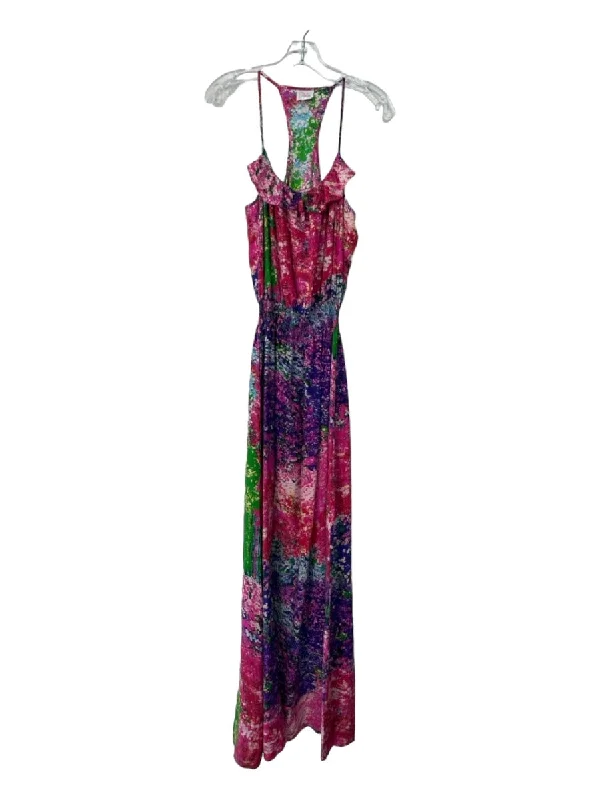 Parker Size Large Pink, Green & Purple Silk Spaghetti Strap Maxi Dress Trendy V-Neck Maxi Dress