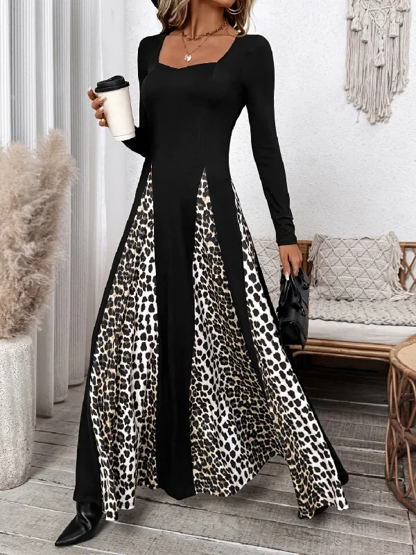 Leopard Square Neck Long Sleeve Maxi Dress Elegant Tiered Maxi Dress