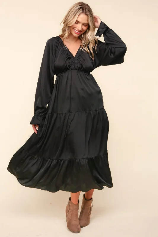 Plus Satin Babydoll Elastic Bubble Long Sleeve Tiered Maxi Dress Classic Tulle Maxi Dress