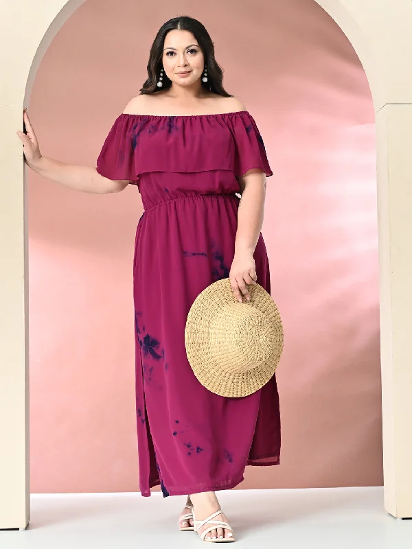 Plus Size Wine Off Shoulder Georgette Maxi Dress Comfortable Fit-and-Flare Maxi Dress