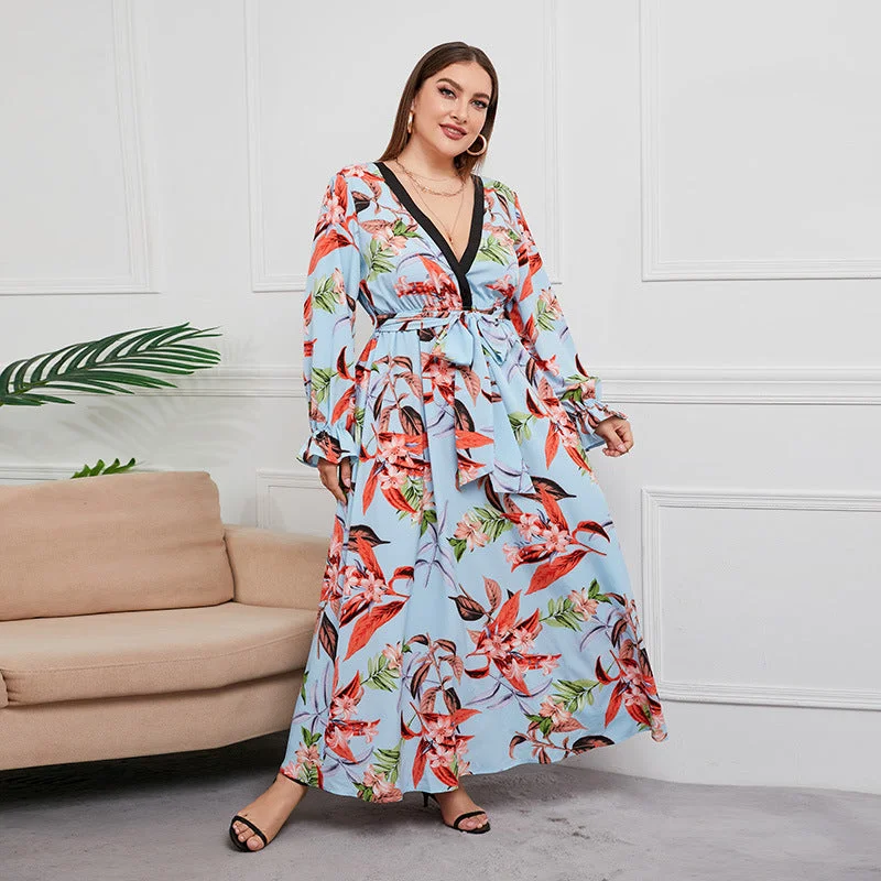 Plus Size Spring Autumn  Waist-Controlled Large Hem Maxi Dress V-neck Plant Floral Print Maxi Dress Elegant Maxi Dress with Lace