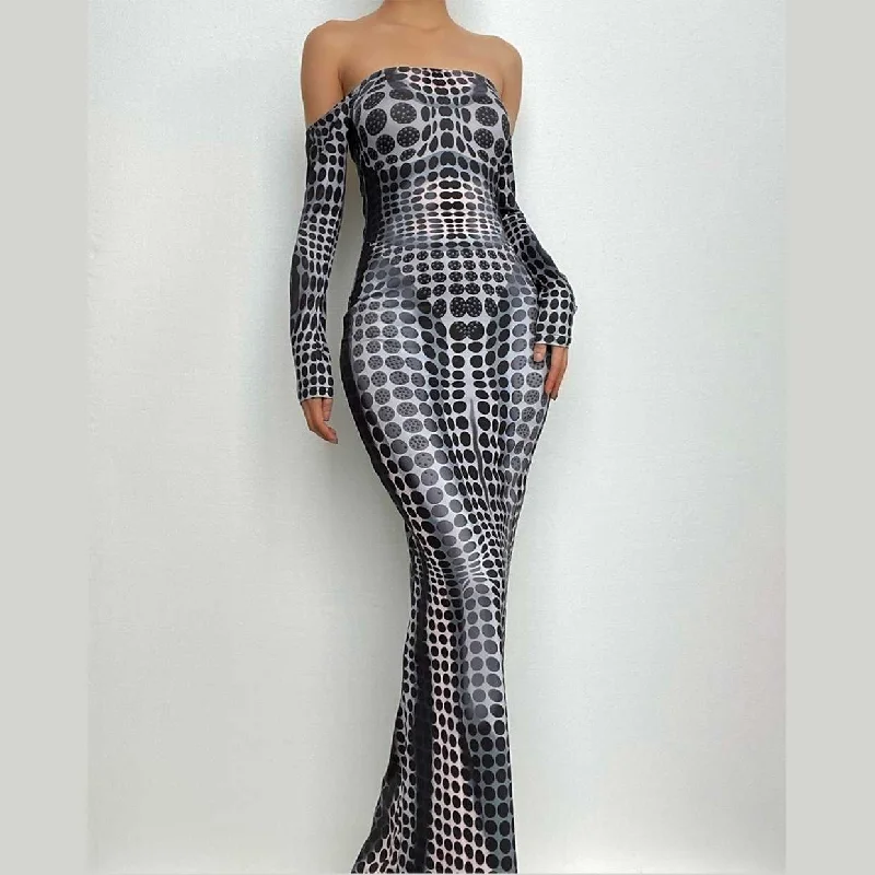 Polka dot thermal contrast off shoulder long sleeve backless maxi dress Cozy Wrap Maxi Dress