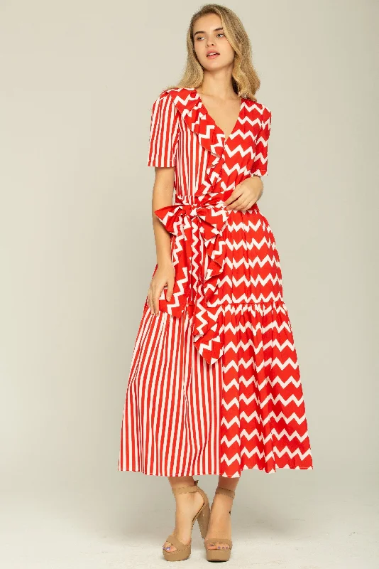 Red and White Stripes Layered Maxi Dress Comfortable T-Shirt Maxi Dress