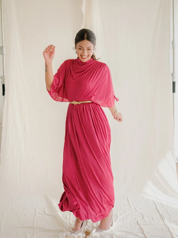 Vintage Chiffon Red High Neckline Maxi Dress Trendy Fit-and-Flare Maxi Dress