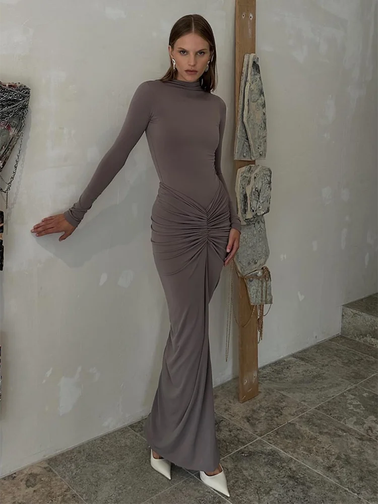 Ruched Mock Neck Maxi Dress Solid Color Bodycon Long Sleeve Pleated Draped Casual Slim Fit Autumn Winter Office Siren Dresses Fashionable Button-Down Maxi Dress