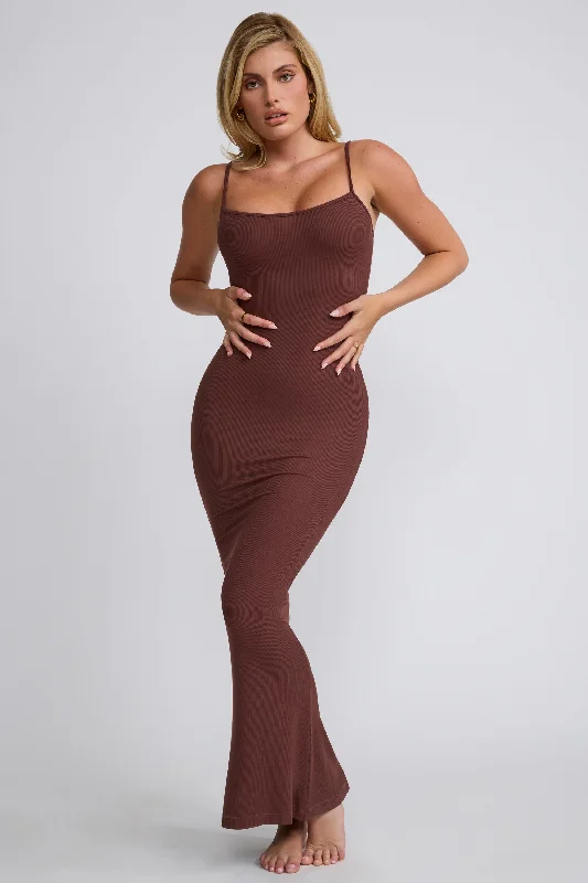 Ribbed Modal Square Neck Maxi Dress in Chocolate Cozy Open-Back Maxi Dress