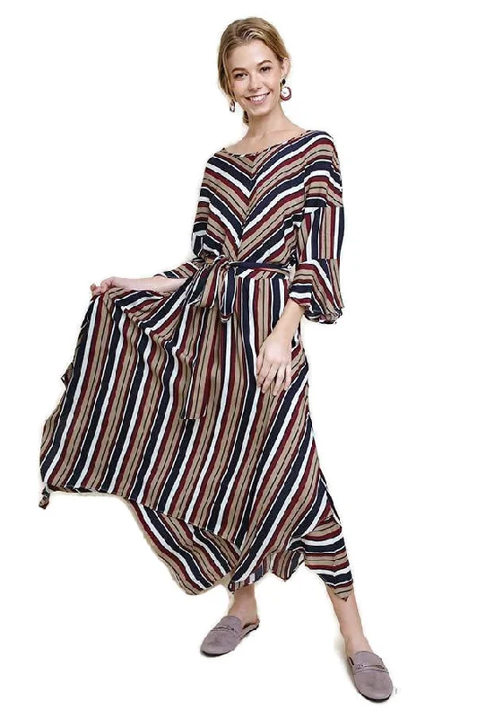 Striped Bell Sleeve Maxi Dress Stylish Maxi Dress with Frills