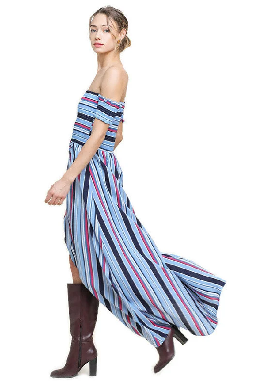 Striped Ruffle Tulip Maxi Dress, Blue Stylish Long Sleeve Maxi Dress