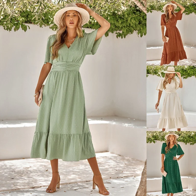 Summer New V-Neck Ruffle Sleeve Solid Color Maxi Dress Elegant Pleated Maxi Dress