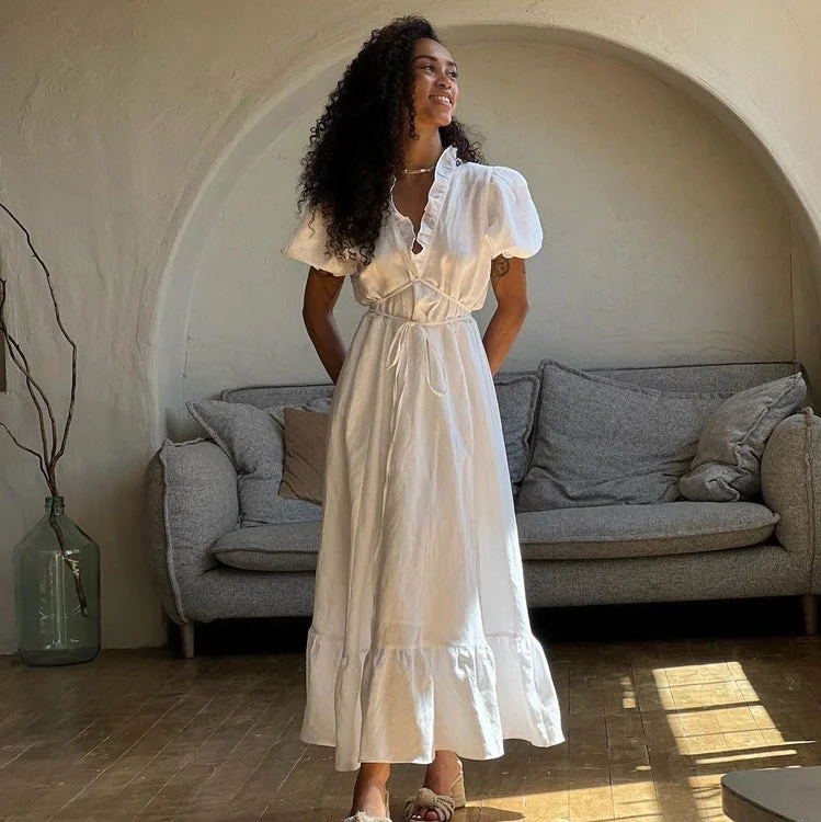 Summer Short Sleeve French Style White V-Neck Casual Maxi Dress Fashionable Sheer Maxi Dress