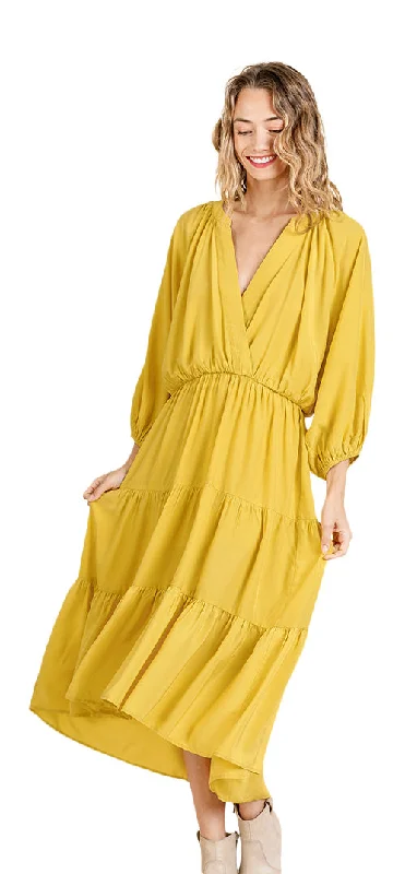 Tiered Ruffle Maxi Dress, Yellow Elegant Pleated Maxi Dress