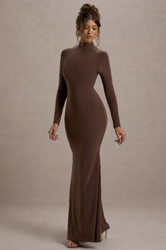 Tova | Chocolate High-Neck Long-Sleeve Maxi Dress Fashionable Sheer Maxi Dress