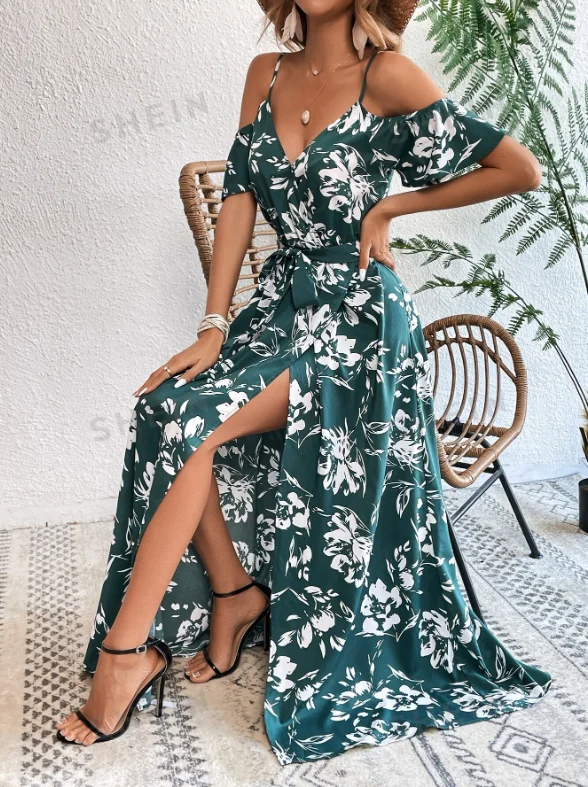 Maxi Dress VCAY Summer Woman Floral Print Cold Shoulder Wrap Hem Belted Dress Classic Tulle Maxi Dress