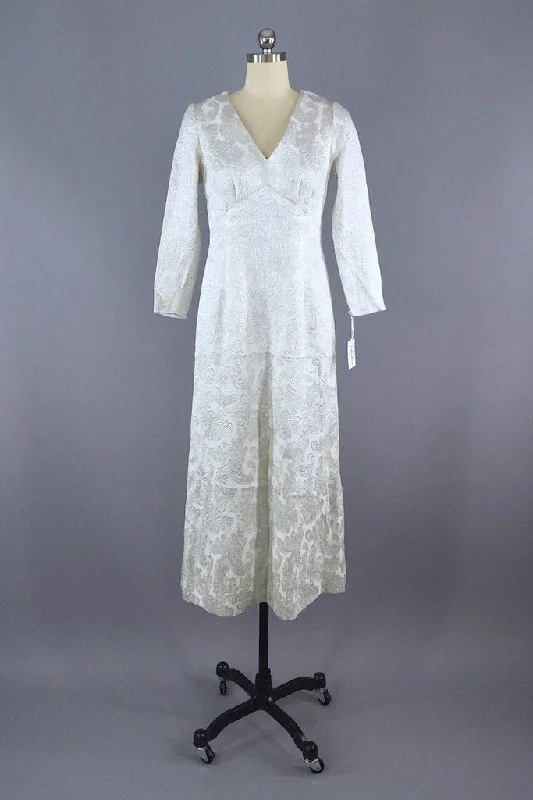 Vintage Silver Brocade Maxi Dress Comfortable Cotton Maxi Dress