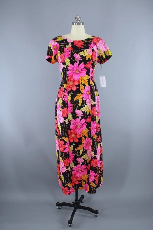 Vintage Pink & Black Hawaiian Maxi Dress Elegant Silk Maxi Dress