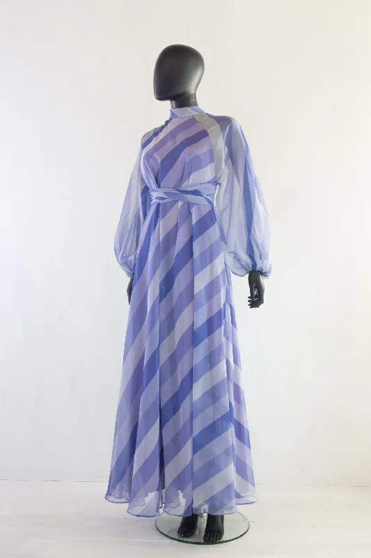 Vintage 1970s Purple Chiffon Stripe Maxi Dress Comfortable Fit-and-Flare Maxi Dress