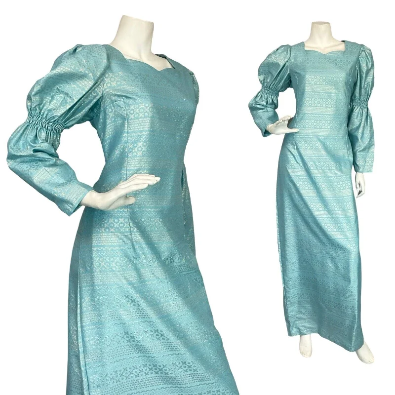 VTG 60S 70S BLUE GEOMETRIC IRIDESCENT JULIET SLEEVE PARTY MAXI DRESS M 12 14 Trendy A-Line Maxi Dress