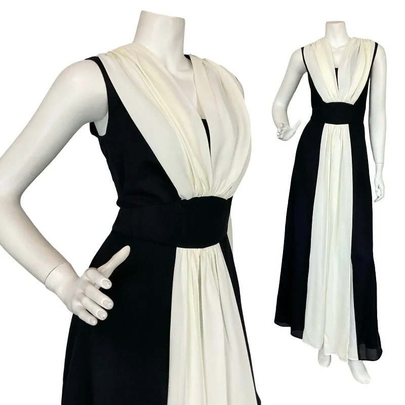 VTG 60S BLACK WHITE FLOATY RUCHED GRECO ROMAN EVENING MAXI DRESS M 12 14 Stylish One-Shoulder Maxi Dress