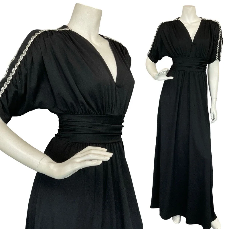 VTG 70S BLACK RUCHED BATWING EVENING SILVER TRIM PARTY MAXI DRESS S 8 10 Stylish Longline Maxi Dress