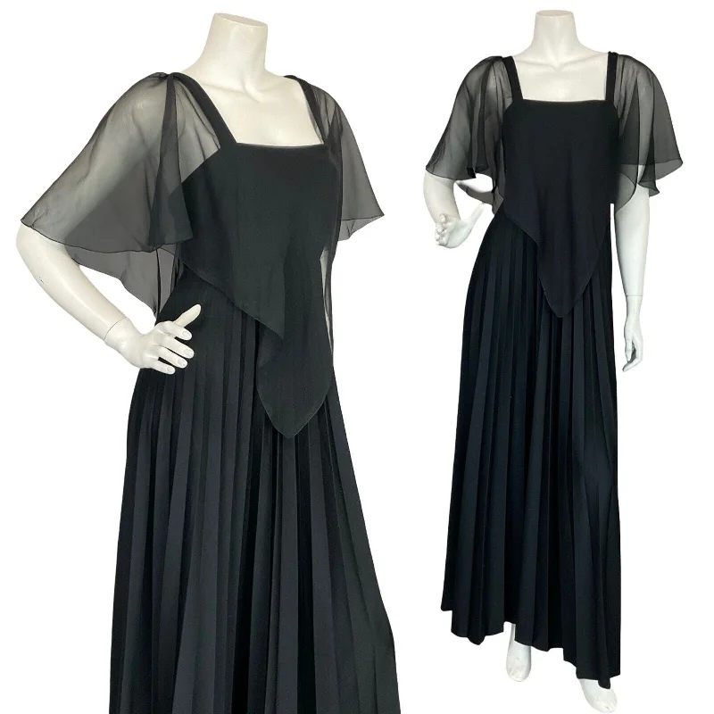 VTG 70S PETERSON MAID OF LONDON BLACK MESH CAPE PLEATED EVENING MAXI DRESS 10 Comfortable Maxi Dress with Slits