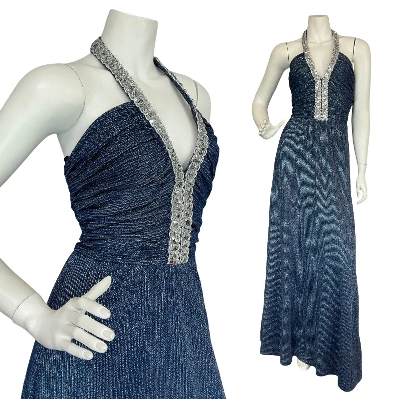 VTG 70S STUDIO 54  BLUE SILVER SEQUIN TRIM STRIPED HALTER NECK MAXI DRESS 8 10 S Comfortable Fitted Maxi Dress