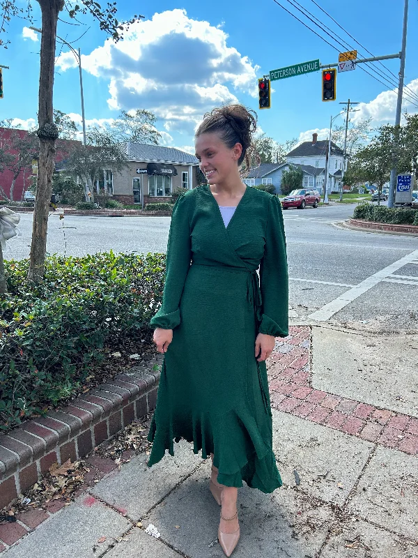 “Wrap It Up” Maxi Dress in Emerald Green Trendy Satin Maxi Dress