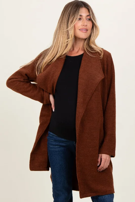 Brown Knit Relaxed Fit Maternity Coat Jacket Hoodie Zip-Up Jacket Button-Up Jacket