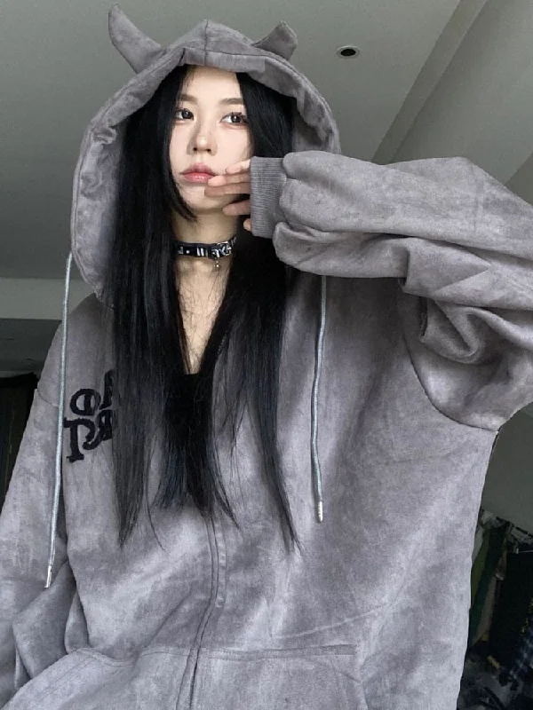 Y2K Gothic Zip Up Hoodies Women Harajuku Vintage Emo Letter Embroidery Sweatshirts Kpop Grunge Loose Casual Tops Jacket Faux Fur Fabric Real Fur Fabric Shearling Fabric