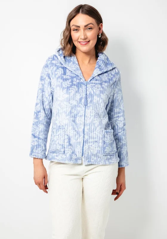 Marlon Floral Fleece Zip Bed Jacket, Blue Notch Collar Peter Pan Collar Cowl Neck