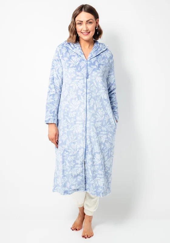 Marlon Fleece Floral Zip Long Bed Jacket, Blue One-Shoulder Jacket Off-the-Shoulder Jacket Asymmetrical Jacket