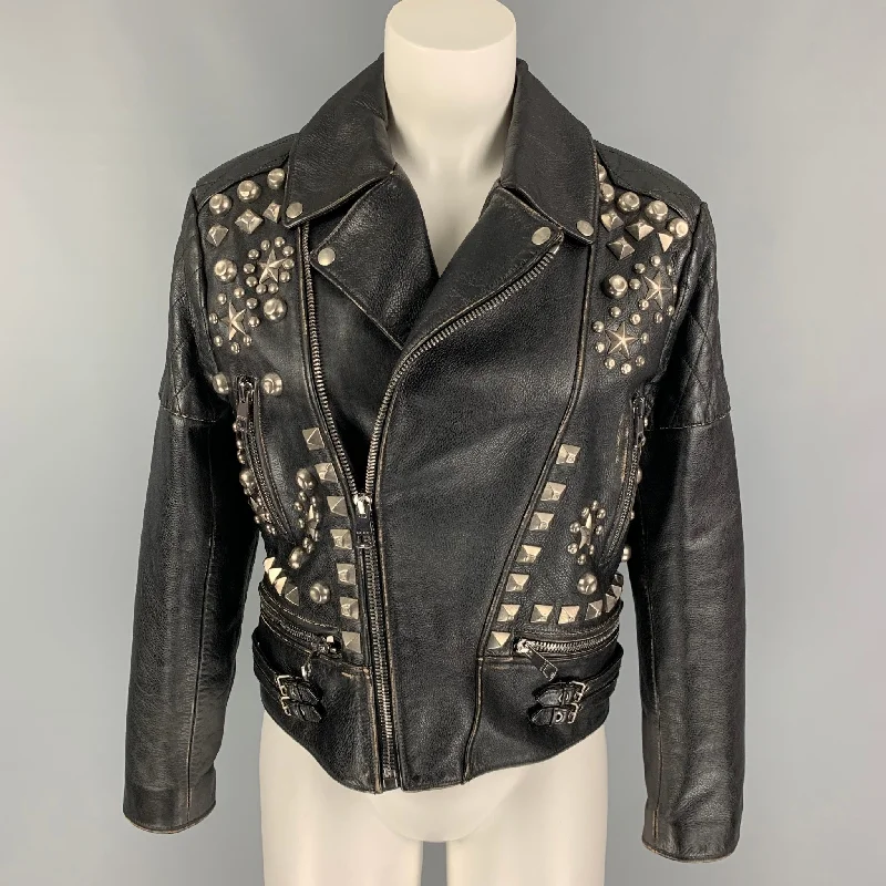 GUCCI SS 17 Size M Black Distressed Leather Studded Biker Jacket Mesh Jacket Canvas Jacket Denim Jacket