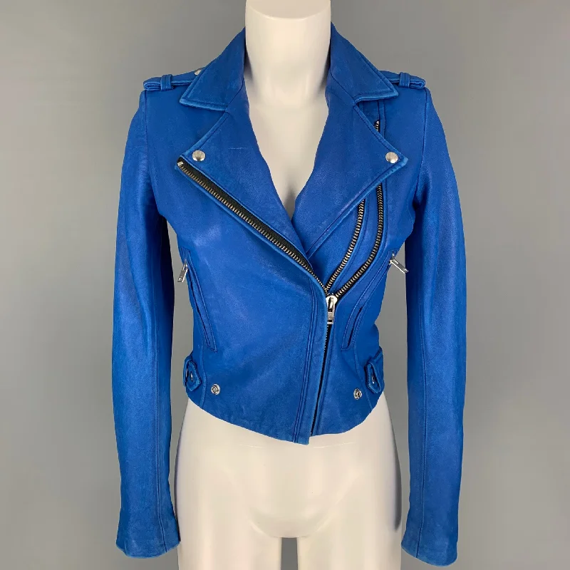 IRO Size 0 Blue Leather Lamb Skin Motorcycle Jacket Print Jacket Jacquard Jacket Patchwork Jacket