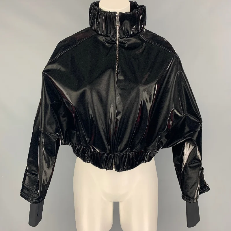 NYLORA Size L Black Solid Polyester Faux patent leather Cropped Jacket Tailored Jacket Straight Jacket A-Line Jacket