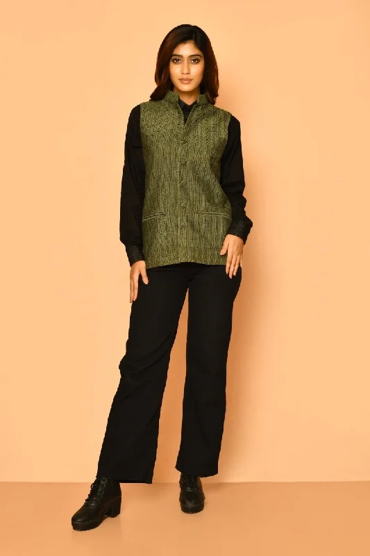 Olive Green Handloom Cotton Nehru Jacket for Women Wool Jacket Cashmere Jacket Tweed Jacket