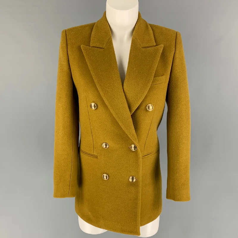 SAINT LAURENT Size 0 Mustard Wool Cashmere Double Breasted Jacket A-Line Jacket Boat Neck Shawl Collar