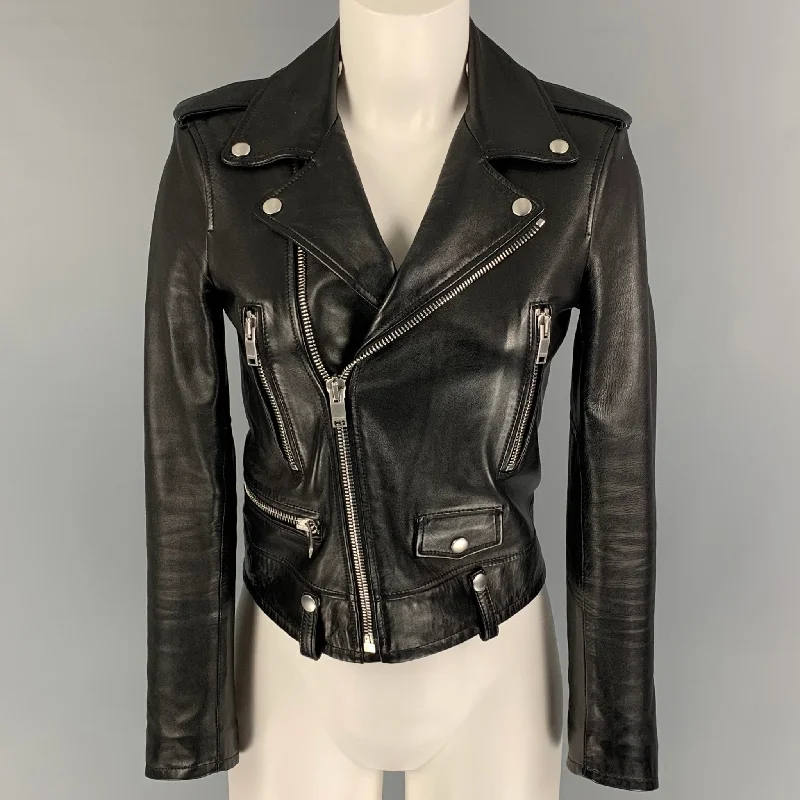 SAINT LAURENT Size 4 Black Lamb Skin Leather Biker Jacket Mesh Jacket Canvas Jacket Denim Jacket