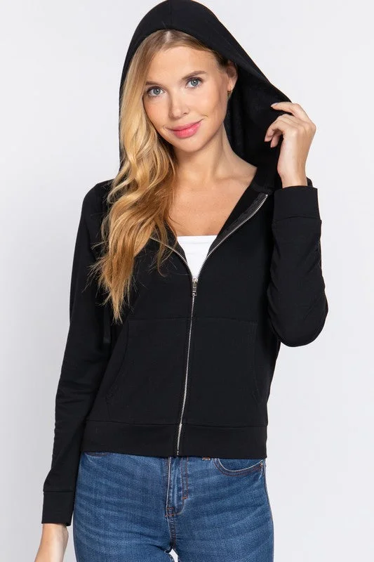 Solid Zip-Up Hoodie Pocket Jacket Elasticated Jacket Padded Jacket Insulated Jacket