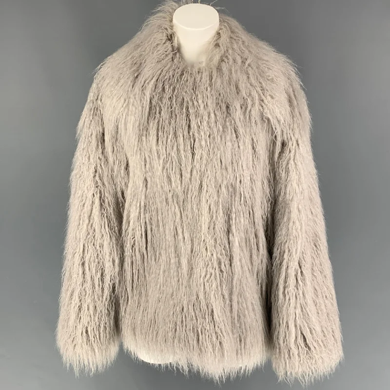 STELLA McCARTNEY Size M Grey Faux Fur Modacrylic Jacket Satin Jacket Silk Jacket Chiffon Jacket