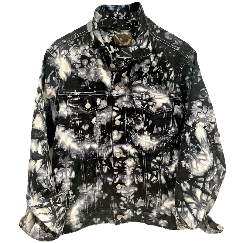 Tie Dye Women's Jacket - Black/Blue A-Line Jacket Boat Neck Shawl Collar