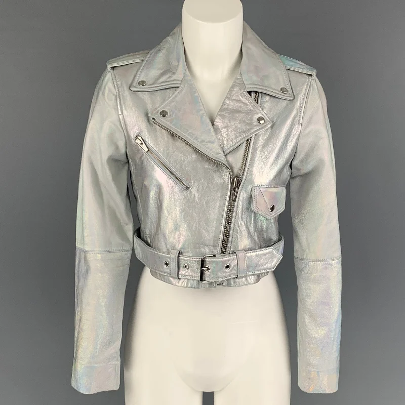 VEDA Size XS Silver Iridescent Metallic Leather Biker Cropped Jacket Wool Jacket Cashmere Jacket Tweed Jacket