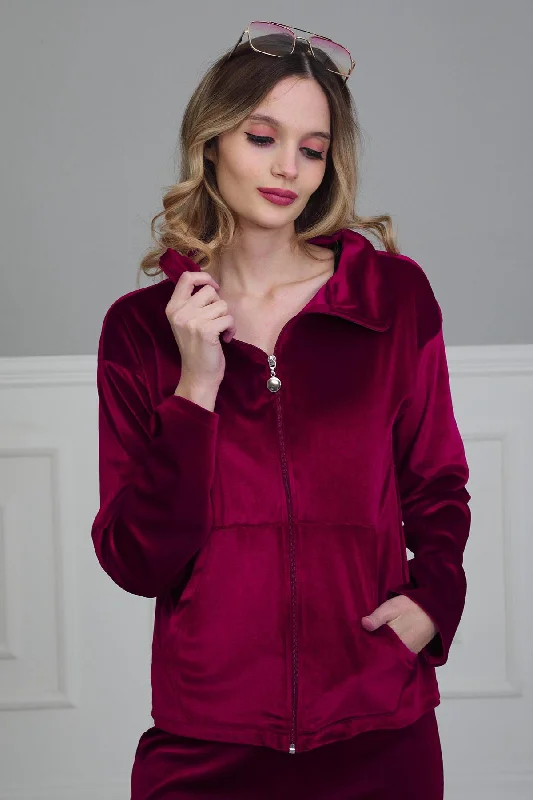 Luxurious Velvet Sweatshirt for Women High Quality Casual Loungewear Long Sleeve Soft Casual Velour Zip Jacket for Everyday Wear,SW-2 Front Pockets Side Pockets Patch Pockets