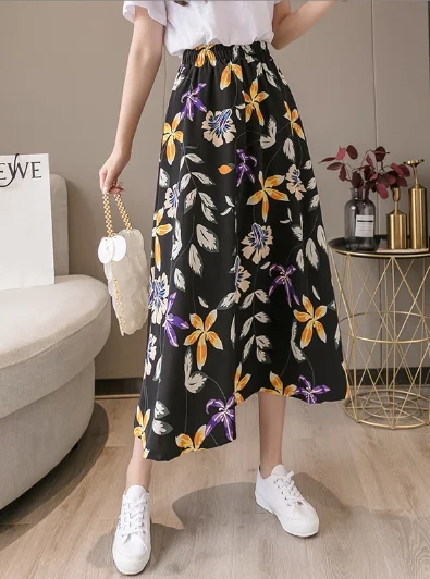 black wholesale high waist floral chiffon print skirt leather skirt bold